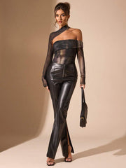 Elegant Mesh Print Ruched Bodysuit