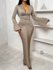 Women's Solid Color Flared V-Neck Dress